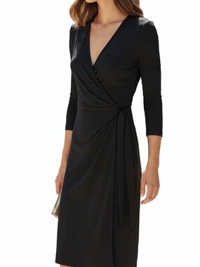 Anne Klein Black Faux-Wrap Long Sleeve Knot Dress